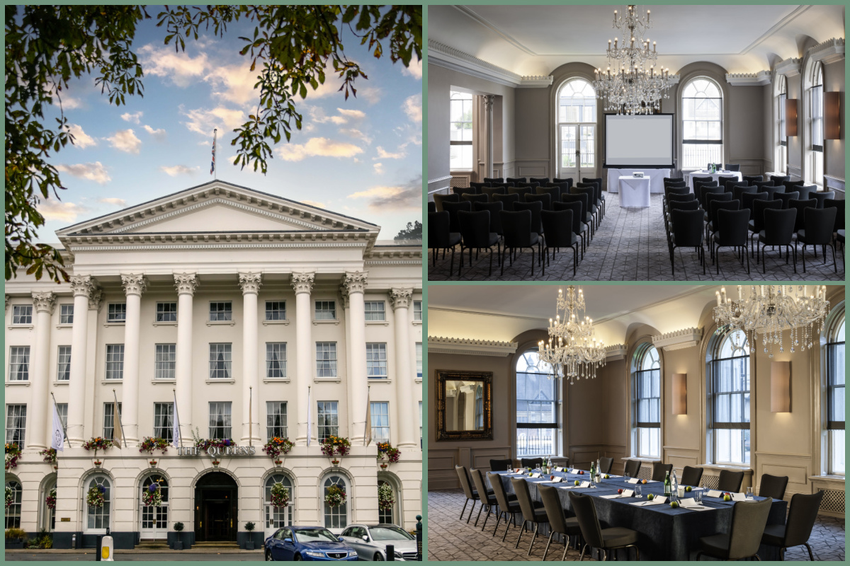 A collage of images of the exterior of the Queens Hotel Cheltenham and meeting and events spaces.